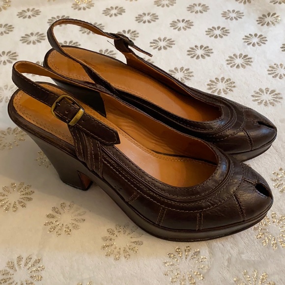 Frye | Brown Leather Slingback Platform Peep Toe Pumps